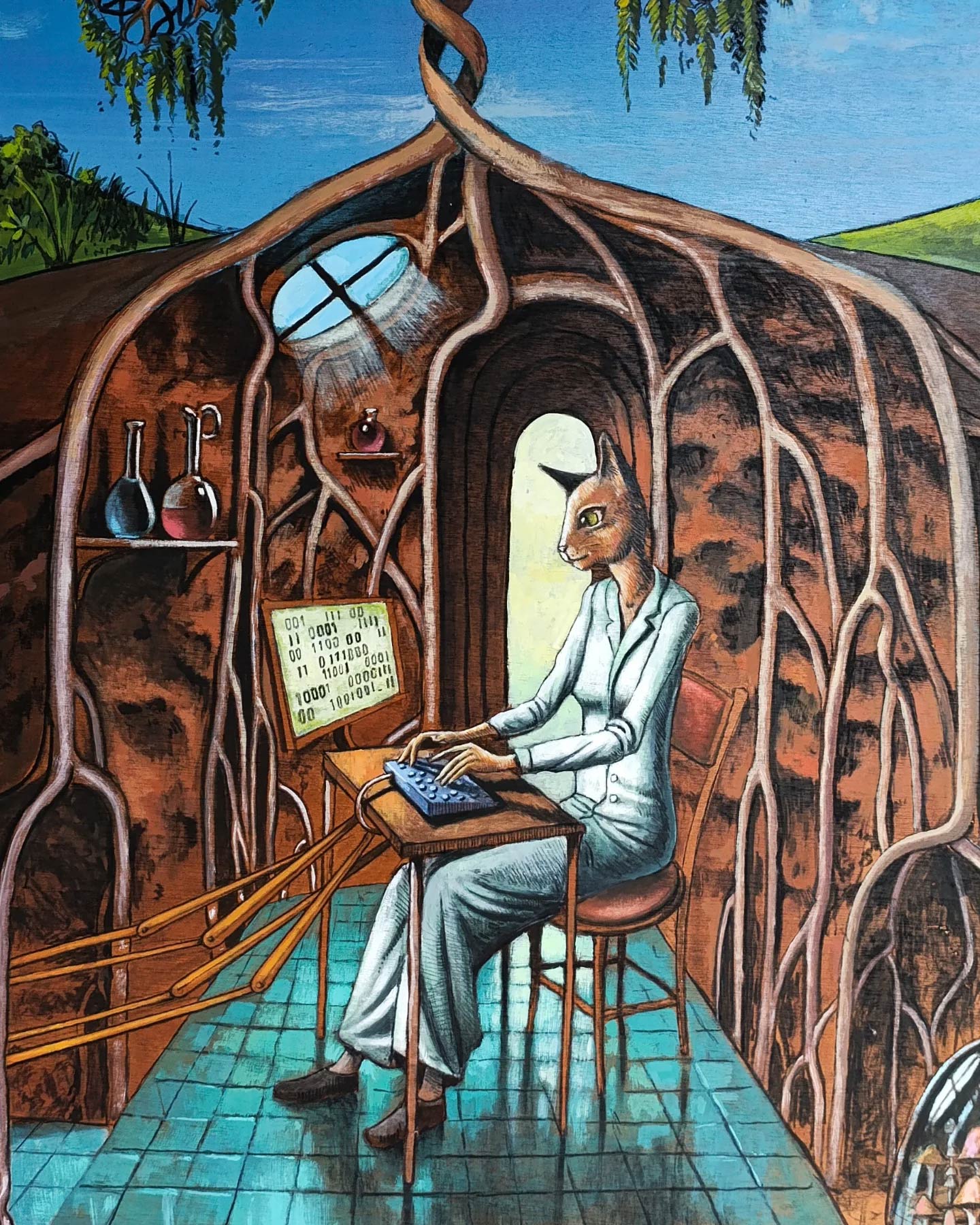 Solarpunk computational biology laboratory — original artwork